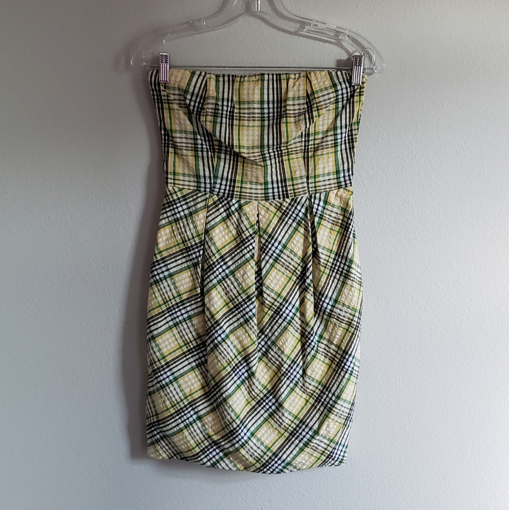 Yellow Plaid Strapless Dress
